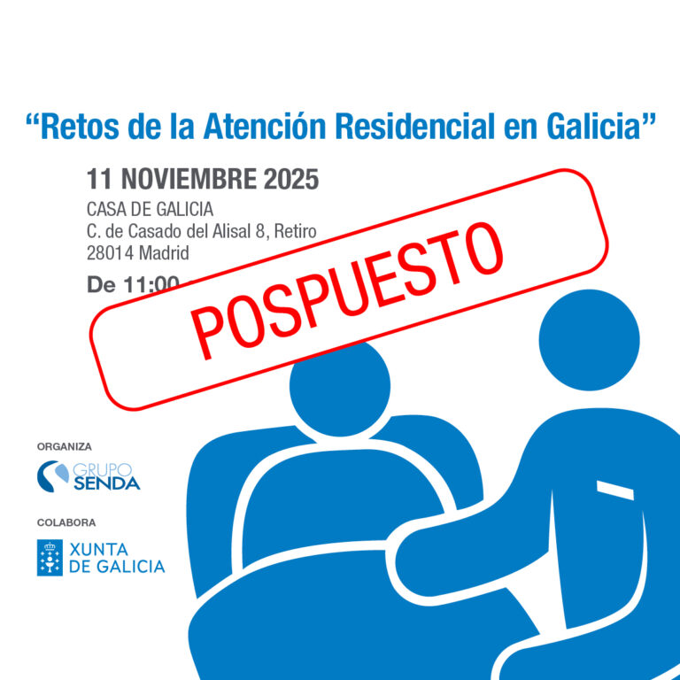 Cartel del encuentro sobre atención residencial en Galicia con la palabra pospuesto