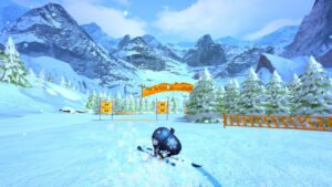 Un robot esquía en un entorno montañoso nevado con árboles.