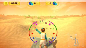 Captura de pantalla de un juego de realidad virtual con un personaje en una alfombra mágica.