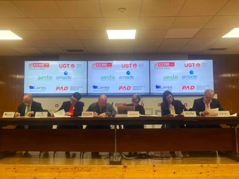 Las patronales y los sindicatos CCOO y UGT firman el convenio de residencias de la Comunidad de Madrid.