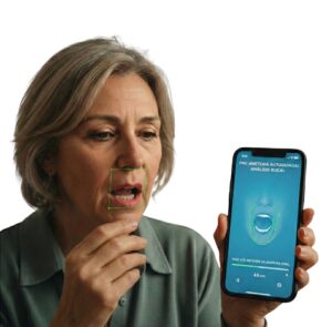 Mujer usando smartphone para an&aacute;lisis bucal en evaluaci&oacute;n preanest&eacute;sica