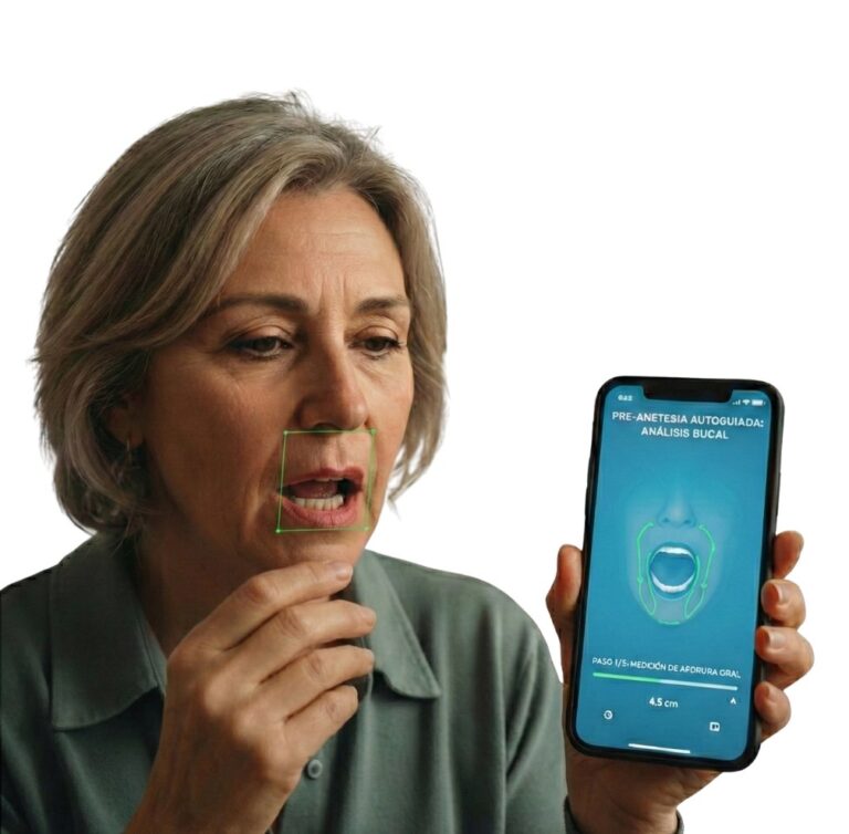 Mujer usando smartphone para an&aacute;lisis bucal en evaluaci&oacute;n preanest&eacute;sica