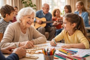 Ni&ntilde;a y anciana compartiendo actividades en una residencia