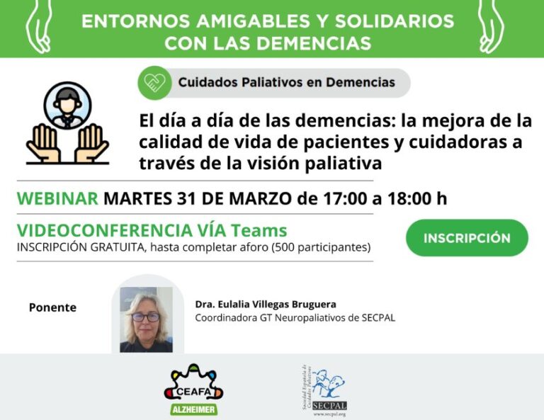 CEAFA y SECPAL retoman su ciclo de conferencias sobre cuidados paliativos en demencias.