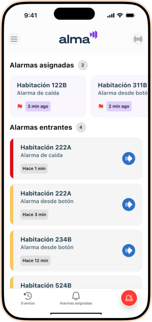 Interfaz de la aplicación Alma en un iPhone mostrando alarmas asignadas