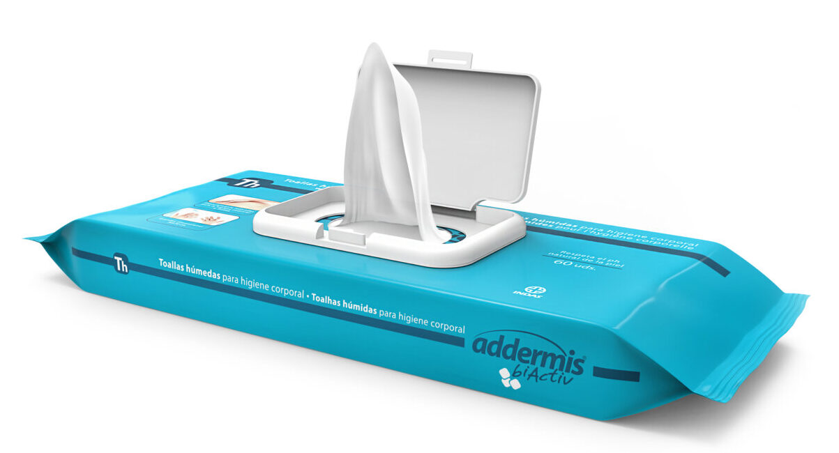 Toallitas h&uacute;medas Addermis para higiene corporal en envase azul