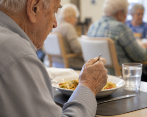 Persona mayor disfrutando de una comida en un centro de participación activa